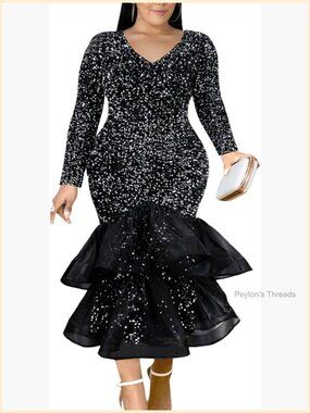 Plus Size Sequin Mermaid Dress Long Sleeve Evening Glitter Party Maxi Bodycon